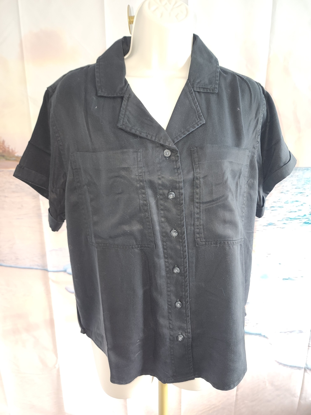 MEMBERS MARK TINSEL CAMP SHIRT Black Short-Sleeve Button Front Women's Top